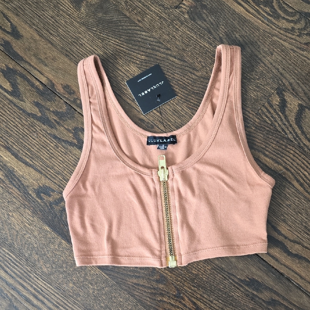 JLUXLABEL Women's Tan Crop Top with Gold Zipper